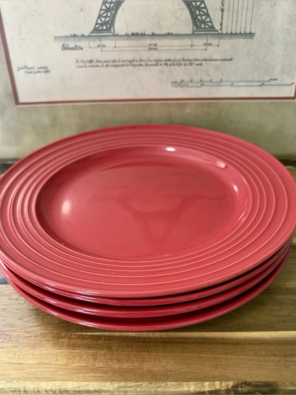 Gibson Coral Red Concentric Ring Dinner Plates - Set of 4